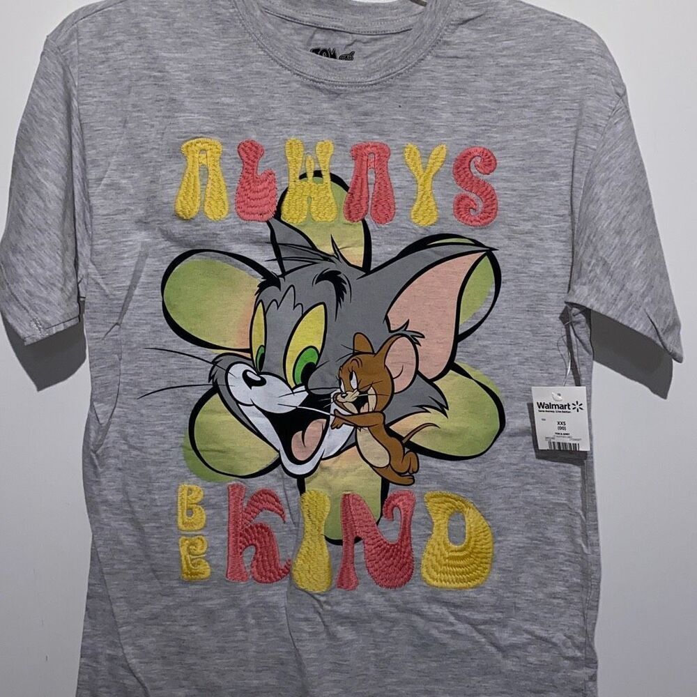 Tom & Jerry Women's Gray "Always Be Kind" Graphic Short Sleeve Tee Size 2XS NWT